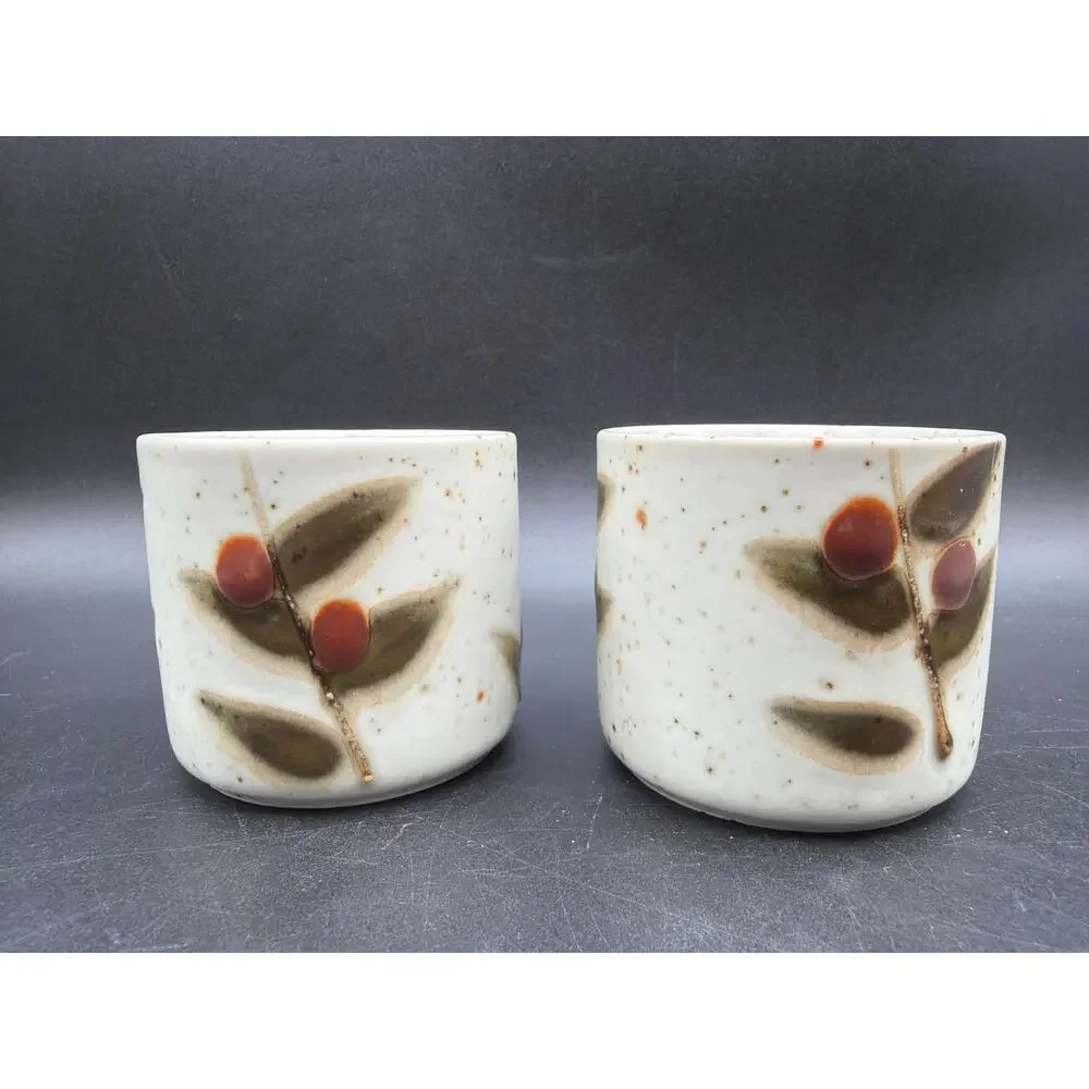 Vintage Otagiri Japan Bittersweet Stoneware Cups Pair Berry Leaf Speckled